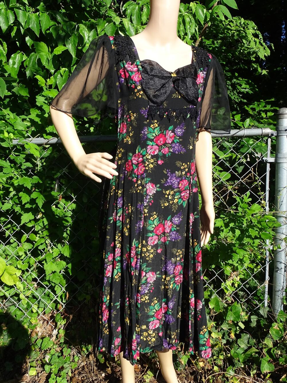Vintage 90s Kelly Fashion Black Floral Midi Dress Sheer Whimsigoth Cottagecore L